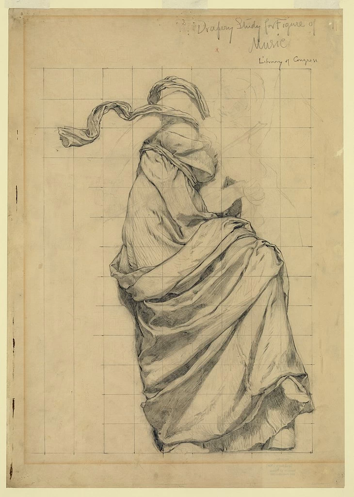 Studio di drappeggio per la figura della Biblioteca del Congresso della Musica - Thomas Jefferson Building